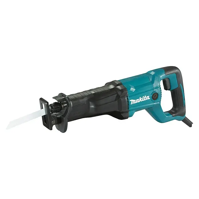 Makita Säbelsäge JR3051TK - 1.200 W, Hublänge: 30 mm - Türkise und schwarze Makita Säbelsäge mit angebrachtem weißem Sägeblatt.