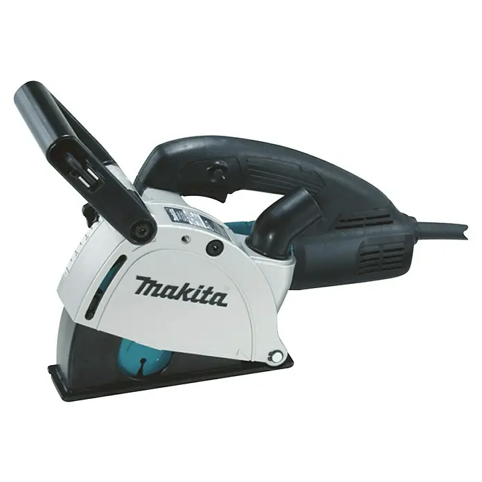 Makita Mauernutfräse SG1251J - 1.400 W, Durchmesser Scheibe: 125 mm - Makita Mauerschlitzfräse mit hellgrauem Gehäuse, schwarzen Griffen und türkisfarbenen Akzenten. Mit Staubabsauganschluss.