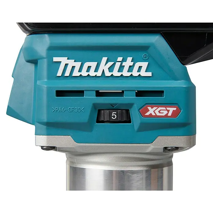 Makita XGT 40V max. Akku-Multifunktionsfräse RT001GZ10 - 40 V, Ohne Akku, Leerlaufdrehzahl: 10.000 U/min - 31.000 U/min - Nahaufnahme eines Makita Elektrowerkzeugs mit türkisfarbenem Gehäuse, weißem Makita-Logo, rotem XGT-Emblem und einem auf '5' eingestellten Drehregler.