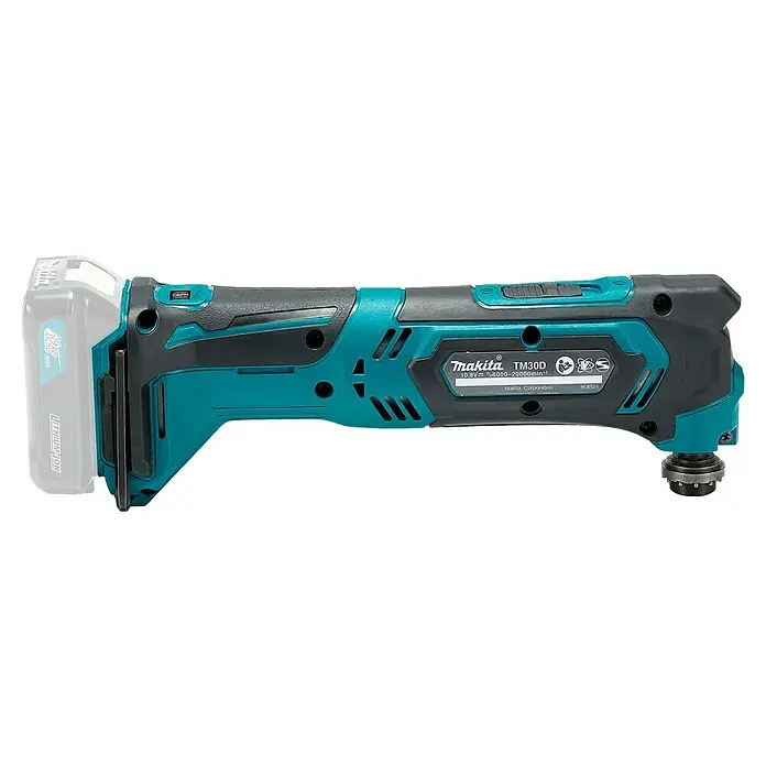 Makita CXT 12V max. Akku-Multifunktionswerkzeug TM30DZ - 12 V, Ohne Akku - Ein schwarz-türkiser, kabelloser Makita Oszillationswerkzeug mit angeschlossenem 12V Lithium-Ionen-Akku.