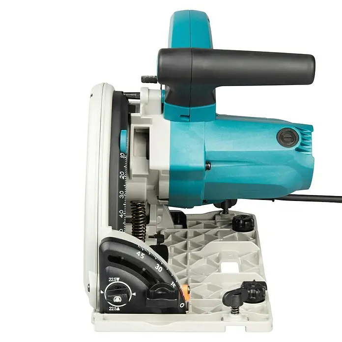 Makita Tauchsäge SP6000J1 mit Makpac und Führungsschiene - 1.300 W, 6.400 U/min - Türkise und weiße Flachdübelfräse mit schwarzem Griff und Sockel mit Winkel- und Tiefeneinstellung.