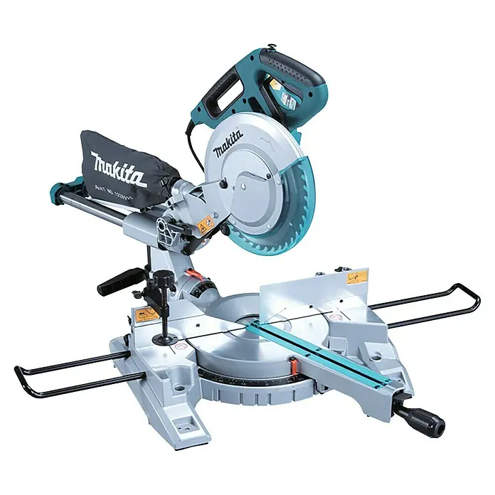 Makita Kapp- & Gehrungssäge LS1018LN - 1.430 W, Durchmesser Sägeblatt: 260 mm, 4.300 U/min - Makita Kappsäge in Grau und Türkis mit silbernem Sägeblatt. Leistungsstarkes Holzbearbeitungswerkzeug für präzise Schnitte.