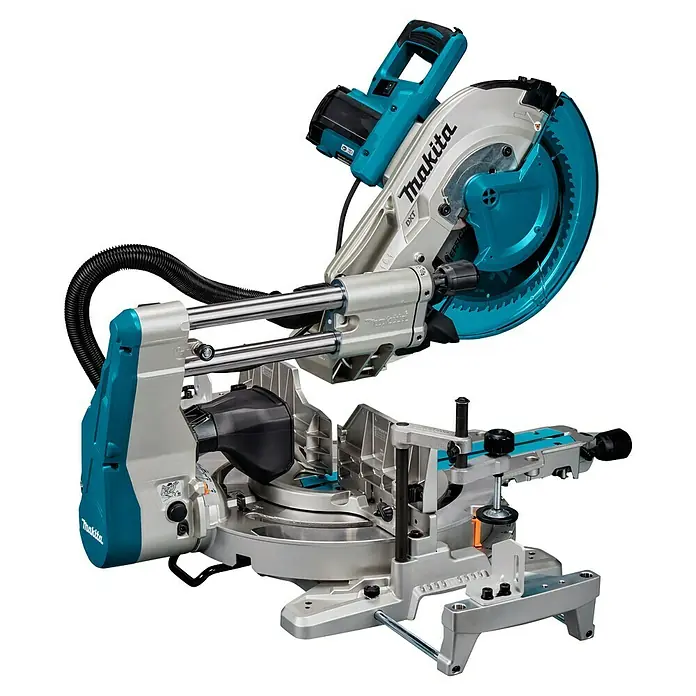 Makita Kapp- & Gehrungssäge LS1219L - 1.800 W, Durchmesser Sägeblatt: 305 mm, Leerlaufdrehzahl: 0 U/min - 3.200 U/min - Makita DXT Kapp- und Gehrungssäge in Silber und Türkis, eine professionelle Zug-Kapp-Gehrungssäge für präzise Schnitte.