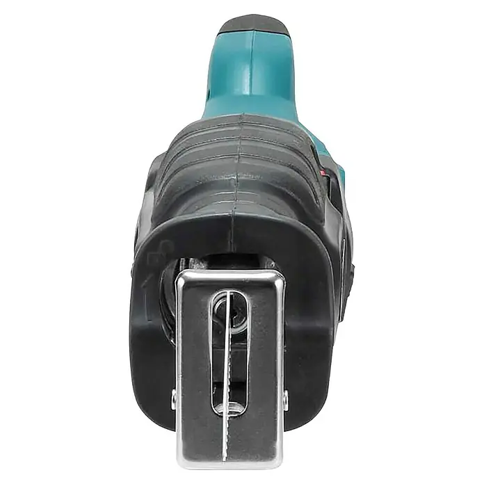 Makita Säbelsäge JR3051TK - 1.200 W, Hublänge: 30 mm - Vorderansicht einer hellblauen und dunkelgrauen Säbelsäge mit silbernem Sägeschuh und sichtbarem Sägeblatt.