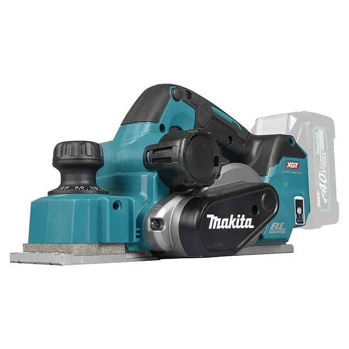 Makita XGT 40V max. Akku-Hobel KP001GZ - 40 V, Ohne Akku, Falztiefe: 0 mm - 25 mm, Leerlaufdrehzahl: 15.000 U/min - Türkis-schwarzer Makita Akku-Hobel mit Tiefeneinstellung, XGT 40V System und bürstenlosem Motor.