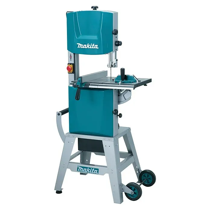 Makita Bandsäge LB1200F - 900 W, Durchlasshöhe: 165 mm, Durchlassbreite: 305 mm - Makita Bandsäge in Türkis und Silber auf einem Ständer mit Rädern, für präzises Schneiden.