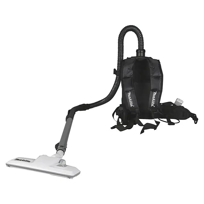 Makita XGT 40V max. Akku-Rucksackstaubsauger VC008GZ - Anzahl Akkus: Ohne Akku, Behältervolumen: 2 l - Makita Rucksack-Staubsauger mit schwarzem Wellschlauch und weißer Bodendüse.