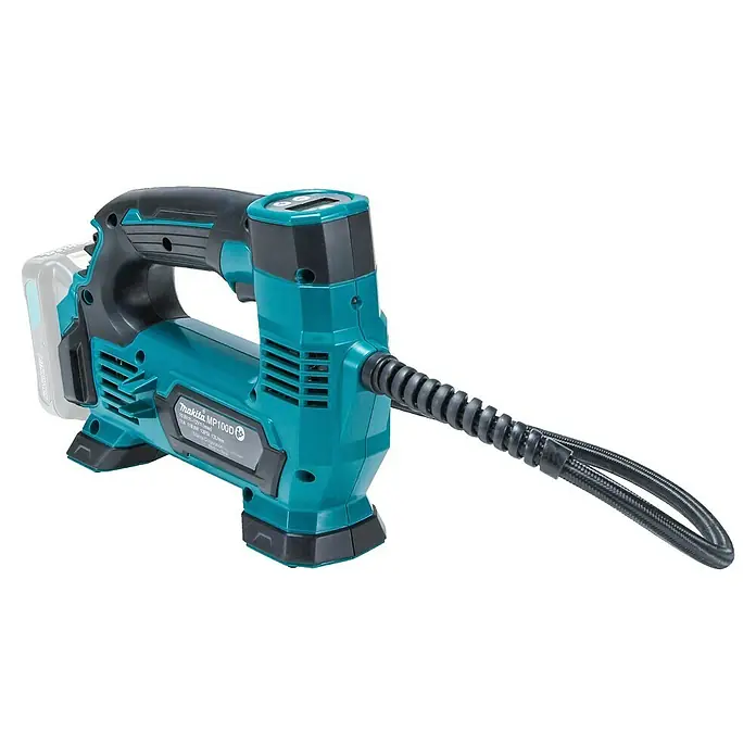 Makita CXT 12V max. Akku-Kompressor MP100DZ - 12 V, Li-Ionen, Ohne Akku, Max. Druck: 8,3 bar - Makita MP100D Akku-Luftpumpe in Türkis und Schwarz, mit Schlauch und Akku.