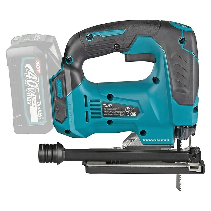 Makita XGT 40V max. Akku-Pendelhubstichsäge JV002GZ - 40 V, Ohne Akku, 0 /min - 3.500 /min - Makita kabellose Stichsäge in Türkis und Schwarz mit leicht ausgeblendeter Batterie.