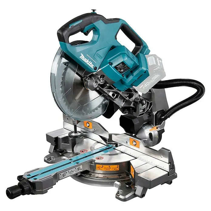 Makita XGT 40V max. Akku-Kapp- & Gehrungssäge LS002GZ01 - 40 V, Ohne Akku, 4.800 U/min - Makita XGT 40V max Akku-Gehrungssäge mit türkisfarbenem und schwarzem Gehäuse, silberner Basis, Sägeblatt und Staubabsaugschlauch.
