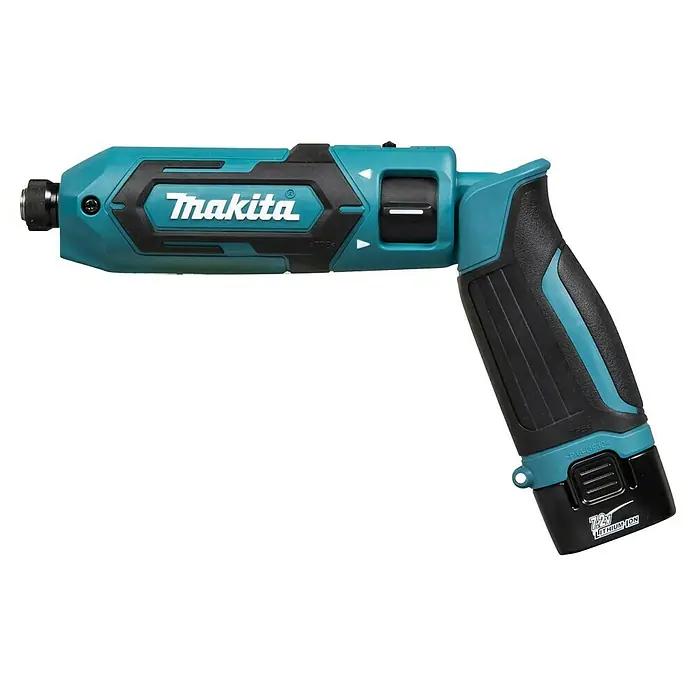 Makita Akku-Schlagschrauber TD022DSE - 7,2 V, 2 Akkus, 1,5 Ah - Makita 7,2V Lithium-Ionen Akkuschrauber in Türkis und Schwarz, zusammengeklappt dargestellt.