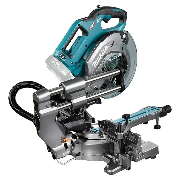 Makita XGT 40V max. Akku-Kapp- & Gehrungssäge LS002GZ01 - 40 V, Ohne Akku, 4.800 U/min - Eine teal- und graufarbene Makita XGT Akku-Kappsäge mit 40V Akku, Gleitmechanismus und Sägeblattschutz.