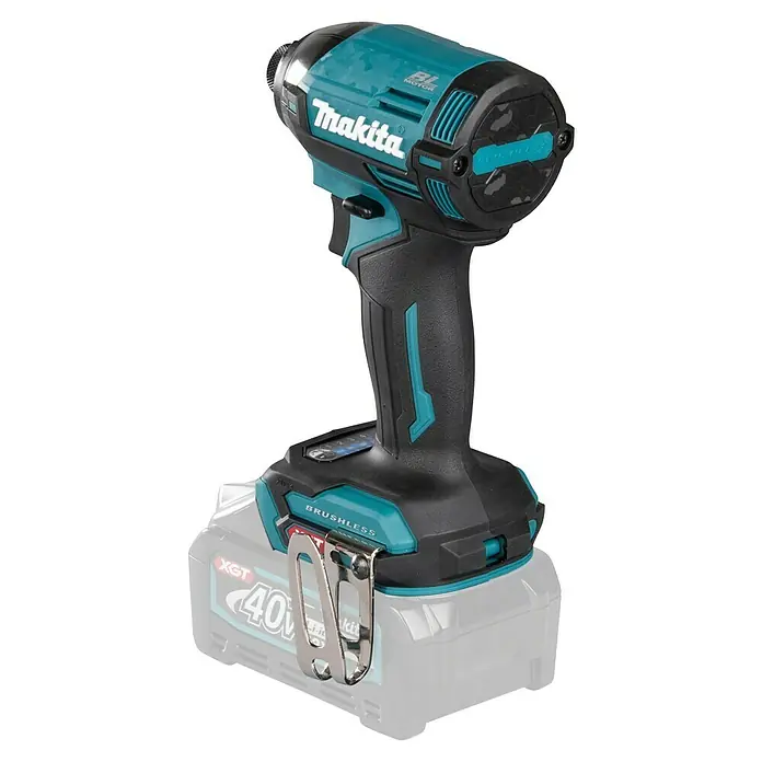 Makita XGT 40V max. Akku-Schlagschrauber TD002GZ01 - 40 V, Ohne Akku, 220 Nm - Makita Akku-Schlagschrauber in Schwarz und Türkis mit XGT 40V Akku und Metallgürtelclip.