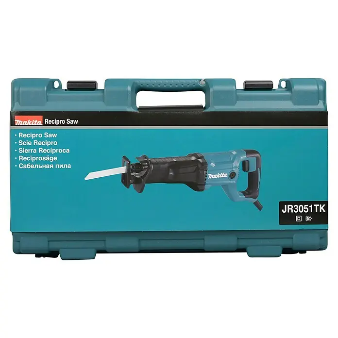 Makita Säbelsäge JR3051TK - 1.200 W, Hublänge: 30 mm - Makita Recipro Säge in türkisfarbenem Koffer mit Produktetikett, das Marke, Sägebild und Modell JR3051TK zeigt.