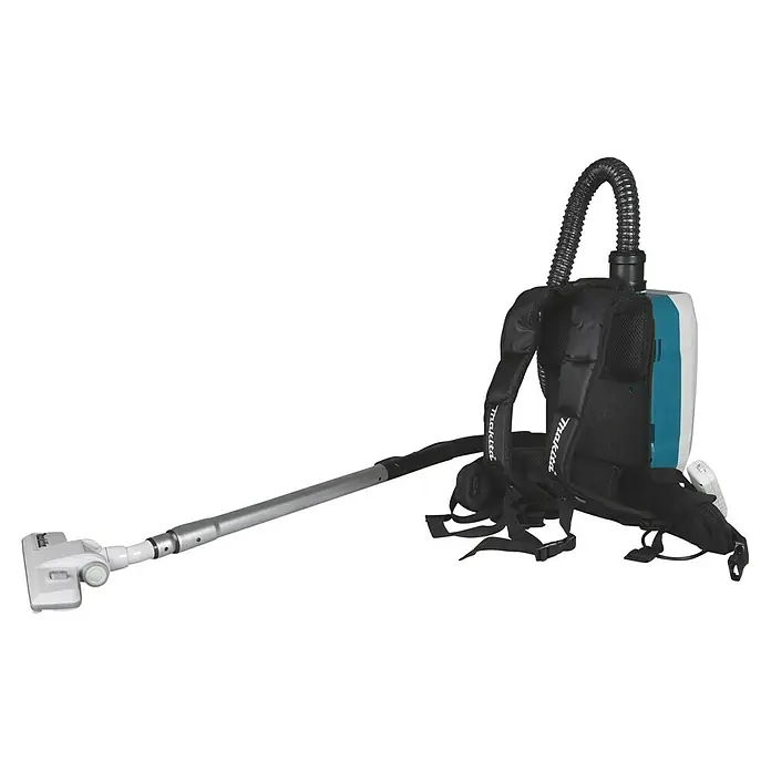 Makita XGT 40V max. Aspiradora con mochila de batería VC008GZ - 40 V, Sin batería, Volumen de recipiente: 2 l - Aspirador de mochila Makita con unidad negra, azul y blanca, manguera flexible y varilla gris larga con cabezal blanco.
