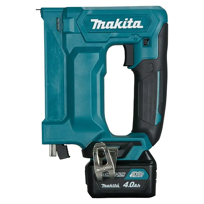 Makita CXT 12V max. Akku-Tacker ST113DSMJ - 12 V, 2 Akkus, 4 Ah - Türkis-schwarzer Makita Akku-Klammernagler mit angeschlossenem 10.8V 4.0Ah CXT Akku.