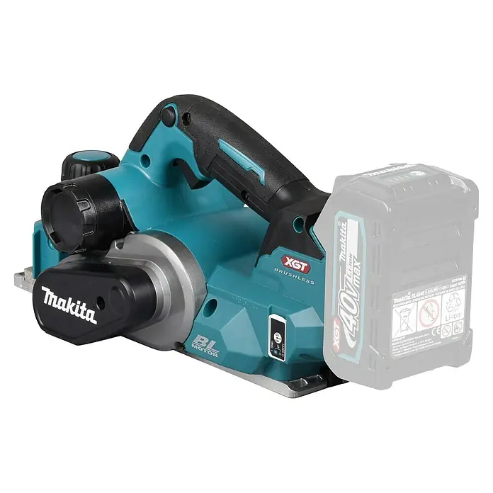 Makita XGT 40V max. Akku-Hobel KP001GZ - 40 V, Ohne Akku, Falztiefe: 0 mm - 25 mm, Leerlaufdrehzahl: 15.000 U/min - Türkis-schwarzer Makita Akku-Hobel mit 40V max XGT Akku für Holzbearbeitung.