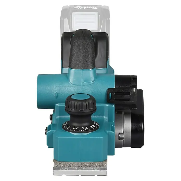 Makita XGT 40V max. Akku-Hobel KP001GZ - 40 V, Ohne Akku, Falztiefe: 0 mm - 25 mm, Leerlaufdrehzahl: 15.000 U/min - Türkise und schwarze Akku-Hobelmaschine mit Tiefeneinstellknopf und transparentem Akku. Metallische Basis sichtbar.