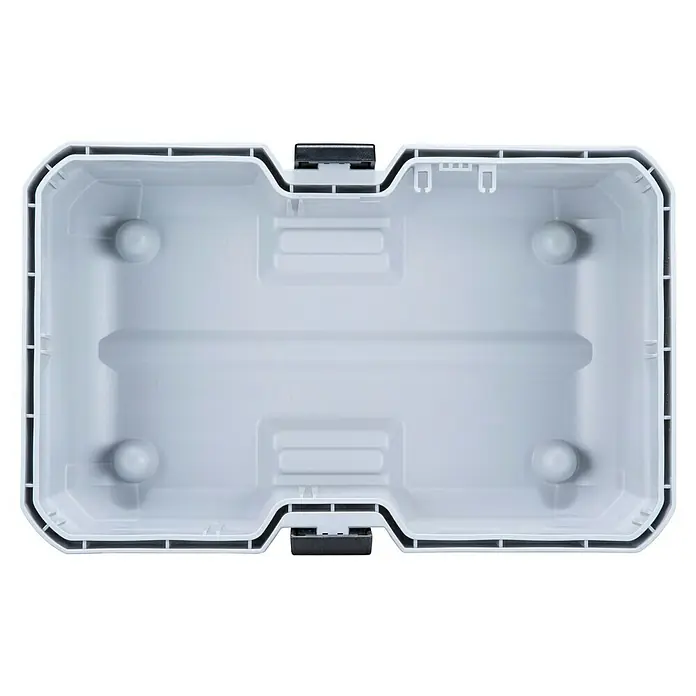 Makita XGT 40V max. Akku-Nass-Trockensauger VC013GLZ03 - 40 V, Ohne Akku, Behältervolumen: 7,5 l - Leerer hellgrauer Kunststoff-Werkzeugkasten innen, mit Staufächern und abgerundeten Stützen.