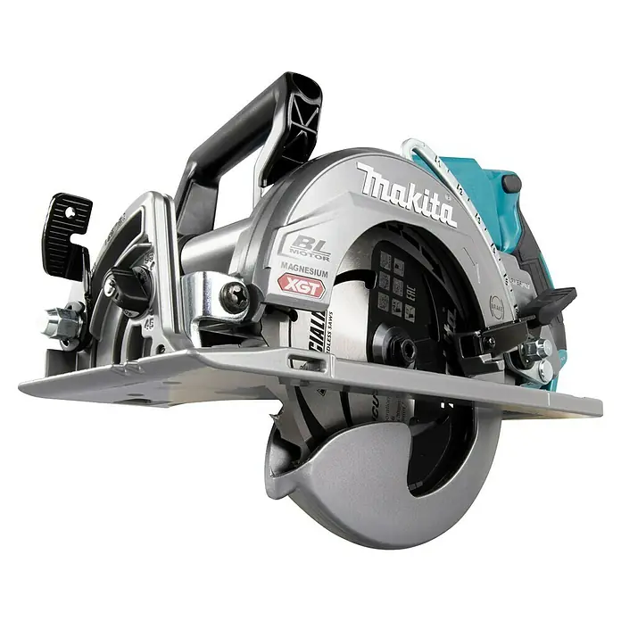 Makita XGT 40V max. Akku-Handkreissäge RS001GZ - 40 V, Ohne Akku, Durchmesser Sägeblatt: 185 mm, 6.400 U/min - Makita Akku-Kreissäge mit silbernem Gehäuse, schwarzem Griff und türkisen Akzenten, mit sichtbarem Sägeblatt.