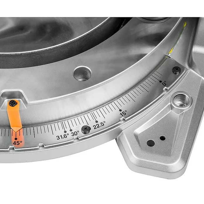 Makita Kapp- & Gehrungssäge LS1219L - 1.800 W, Durchmesser Sägeblatt: 305 mm, Leerlaufdrehzahl: 0 U/min - 3.200 U/min - Silberne Gehrungssägen-Winkelskala mit orangefarbenem Zeiger, zeigt Winkel wie 0°, 15°, 22.5°, 30°, 31.6° und 45°.