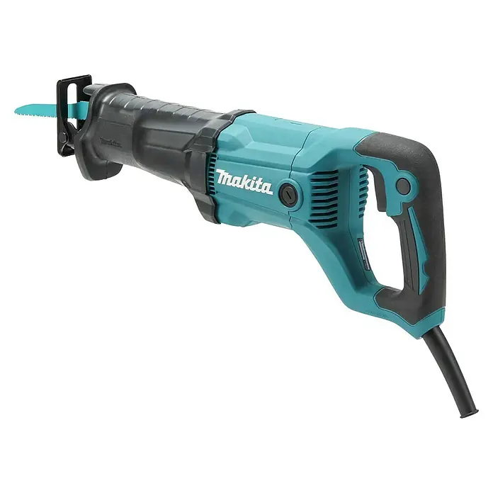 Makita Säbelsäge JR3051TK - 1.200 W, Hublänge: 30 mm - Eine tealfarbene und schwarze Makita Säbelsäge mit Sägeblatt und Netzkabel.