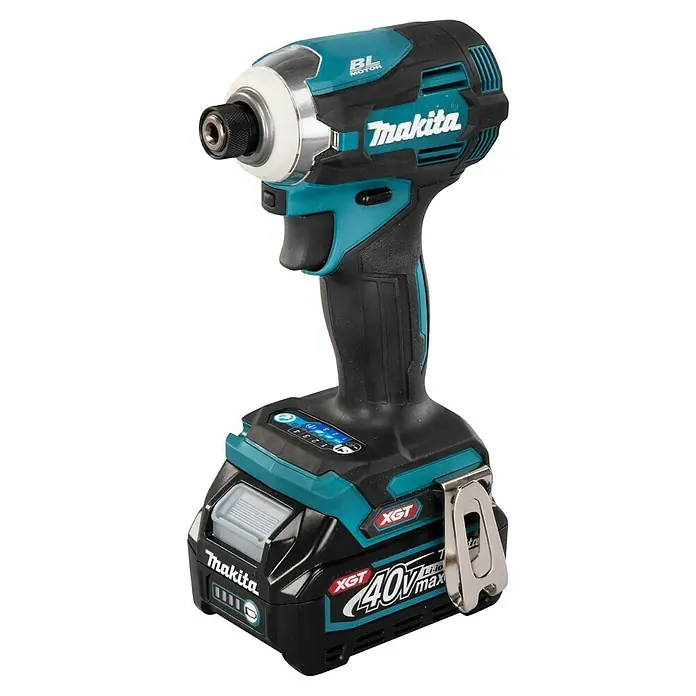 Makita XGT 40V max. Akku-Schlagschrauber TD001GD201 - 40 V, 2 Akkus, 2,5 Ah - Makita 40V XGT Akku-Schlagschrauber in Schwarz und Türkis mit Akku.