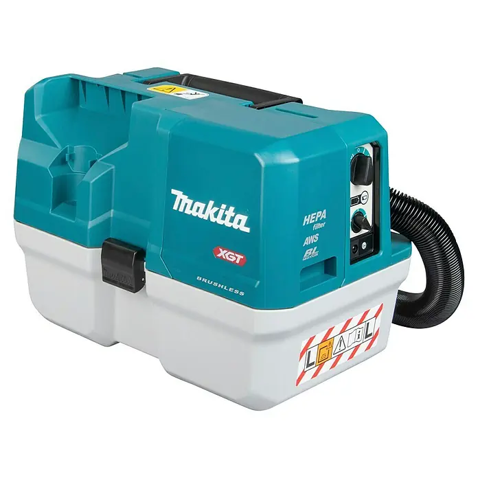 Makita XGT 40V max. Akku-Nass-Trockensauger VC013GLZ03 - 40 V, Ohne Akku, Behältervolumen: 7,5 l - Makita XGT Akku-Staubsauger in Türkis und Weiß mit schwarzem Schlauch und Bedienelementen.