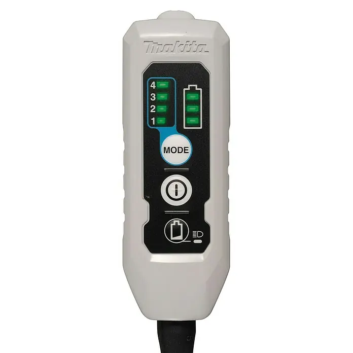 Makita XGT 40V max. Akku-Rucksackstaubsauger VC008GZ - Anzahl Akkus: Ohne Akku, Behältervolumen: 2 l - Weißer Makita-Controller mit schwarzem Display, grünen LED-Leistungsanzeigen und Tasten für Modus, Ein/Aus und Batterie/Licht. Ein schwarzes Kabel unten.