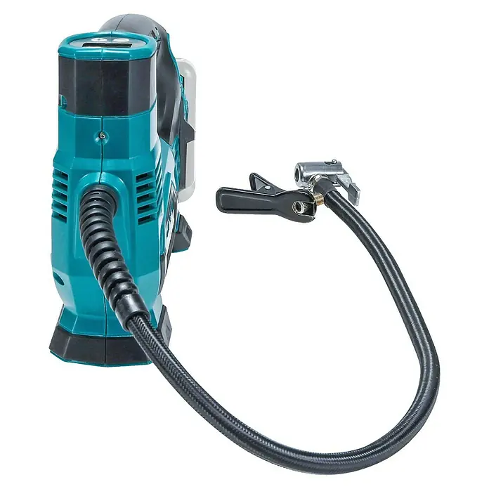 Makita CXT 12V max. Akku-Kompressor MP100DZ - 12 V, Li-Ionen, Ohne Akku, Max. Druck: 8,3 bar - Türkiser und schwarzer tragbarer Luftkompressor mit Digitalanzeige, schwarzem Schlauch und silberner/schwarzer Düse.