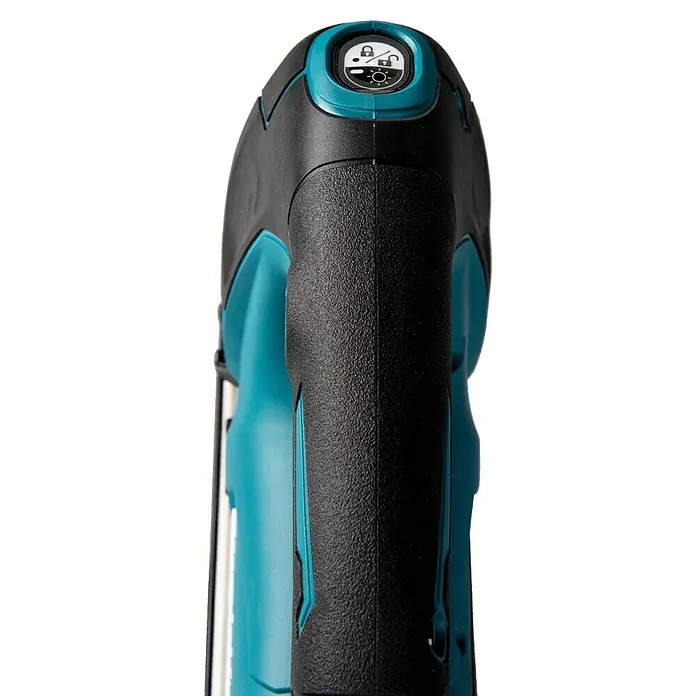 Makita XGT 40V max. Akku-Pendelhubstichsäge JV002GZ - 40 V, Ohne Akku, 0 /min - 3.500 /min - Schwarzer und türkiser Elektrowerkzeuggriff mit strukturierter Oberfläche und Bedienfeld für Sperre und Licht.