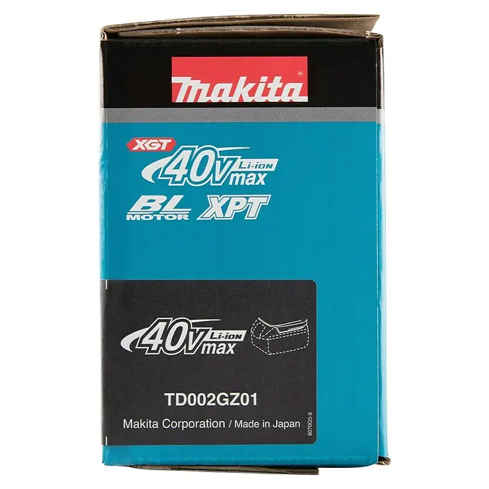 Makita XGT 40V max. Akku-Schlagschrauber TD002GZ01 - 40 V, Ohne Akku, 220 Nm - Makita XGT 40Vmax Li-ION Schlagschrauber-Verpackung. Schwarz-türkise Box hebt bürstenlosen Motor und XPT-Funktionen hervor.