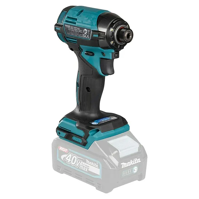 Makita XGT 40V max. Akku-Schlagschrauber TD002GZ01 - 40 V, Ohne Akku, 220 Nm - Ein türkiser und schwarzer Makita Akku-Schlagschrauber mit einem 40V Li-Ionen-Akku.