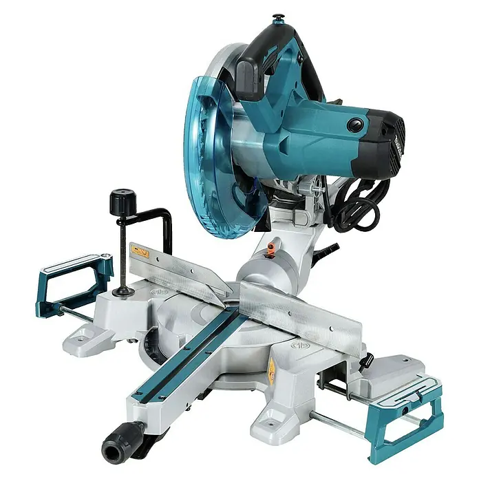 Makita Kapp- & Gehrungssäge LS1110F - 1.400 W, Durchmesser Sägeblatt: 260 mm, Leerlaufdrehzahl: 4.500 U/min - Türkise und silberne Gehrungssäge mit blauem Schutz und schwarzen Akzenten, bereit für Holzarbeiten.