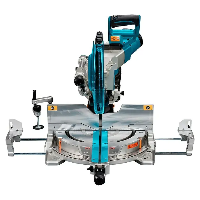 Makita Kapp- & Gehrungssäge LS1219L - 1.800 W, Durchmesser Sägeblatt: 305 mm, Leerlaufdrehzahl: 0 U/min - 3.200 U/min - Eine türkis-silberne Kappsäge mit transparentem Blattschutz und schwarzen Griffen, für präzise Winkelschnitte.