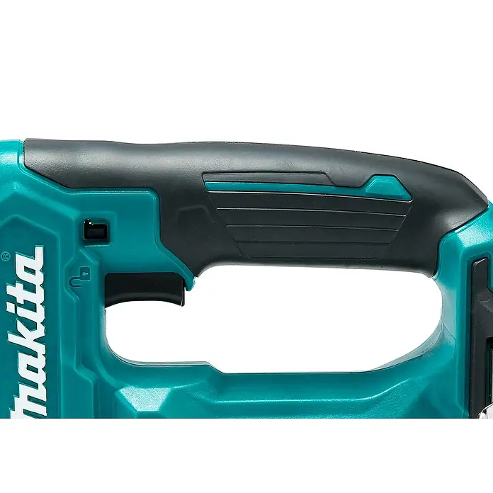 Makita CXT 12V max. Akku-Tacker ST113DSMJ - 12 V, 2 Akkus, 4 Ah - Nahaufnahme des Griffs eines Makita-Elektrowerkzeugs in Petrol und Schwarz, mit strukturiertem Weichgriff und Abzug.