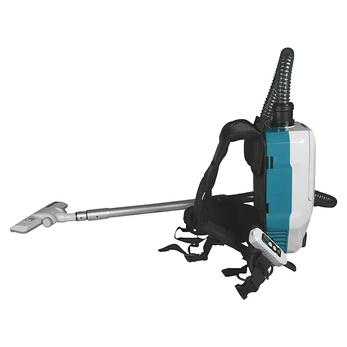 Makita XGT 40V max. Akku-Rucksackstaubsauger VC008GZ - Anzahl Akkus: Ohne Akku, Behältervolumen: 2 l - Türkiser und weißer Rucksackstaubsauger mit schwarzen Schultergurten, flexiblem Schlauch, silberner Stange und grauer Bodendüse.