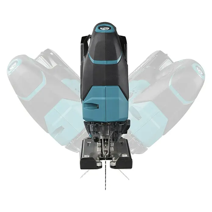 Makita XGT 40V max. Akku-Pendelhubstichsäge JV002GZ - 40 V, Ohne Akku, 0 /min - 3.500 /min - Schwarz-türkisfarbene Stichsäge mit Sägeblatt, mit verschwommenen Kopien, die vielseitige Schnittwinkel andeuten.