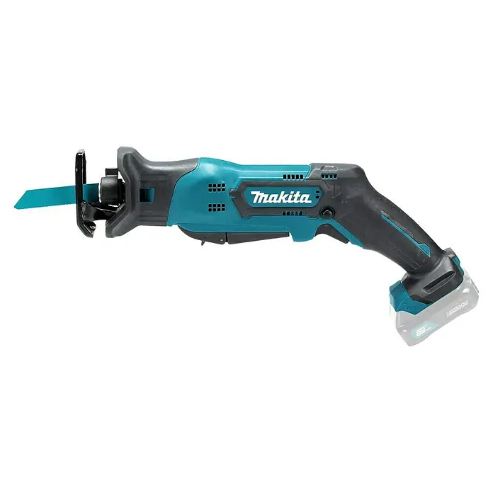 Makita Akku-Säbelsäge JR103DZ - 10,8 V, Ohne Akku, Leerlaufhubzahl: 0 /min - 3.300 /min - Türkis-schwarze Makita 12V Akku-Säbelsäge mit blauem Sägeblatt und sichtbarem Lithium-Ionen-Akku.