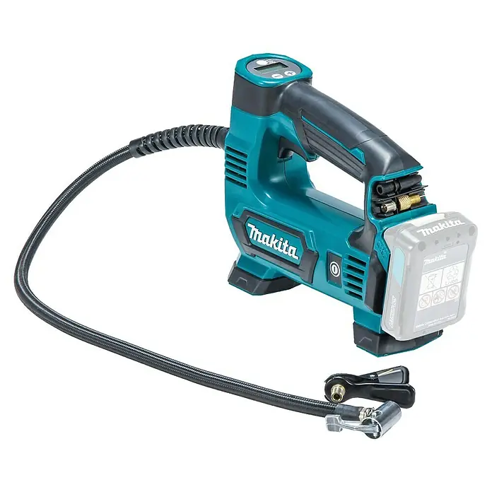 Makita CXT 12V max. Akku-Kompressor MP100DZ - 12 V, Li-Ionen, Ohne Akku, Max. Druck: 8,3 bar - Makita kabelloser Reifenfüller in Türkis und Schwarz mit digitalem Display, Schlauch und Akku.