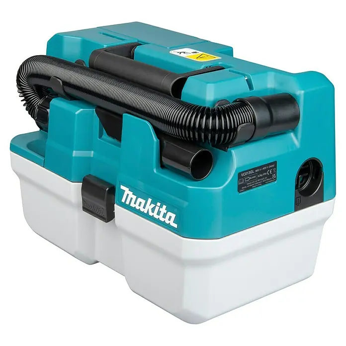 Makita XGT 40V max. Akku-Nass-Trockensauger VC013GLZ03 - 40 V, Ohne Akku, Behältervolumen: 7,5 l - Makita Akku-Staubsauger in Türkis und Weiß mit schwarzem Schlauch und Griff.