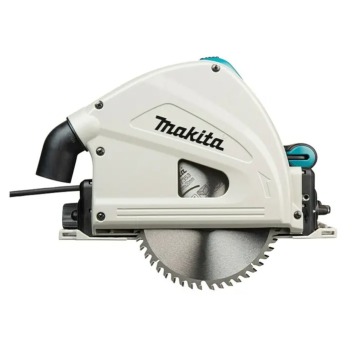 Makita Tauchsäge SP6000J1 mit Makpac und Führungsschiene - 1.300 W, 6.400 U/min - Weiße Makita Handkreissäge mit silbernem Sägeblatt, schwarzem Staubauslass und türkisen Akzenten.