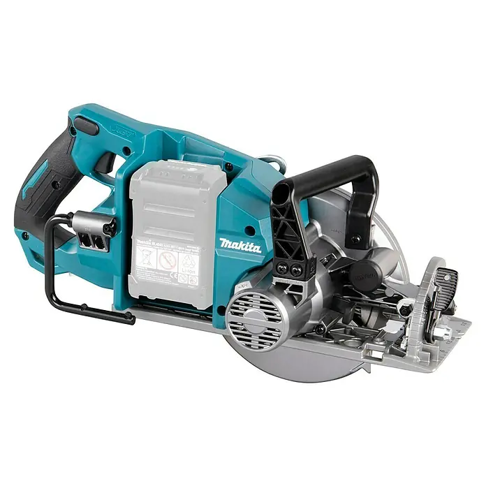 Makita XGT 40V max. Akku-Handkreissäge RS001GZ - 40 V, Ohne Akku, Durchmesser Sägeblatt: 185 mm, 6.400 U/min - Makita Akku-Kreissäge in Türkis und Schwarz mit silbernem Sägeblattschutz und eingesetztem Akku.