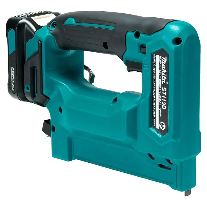 Makita CXT 12V max. Akku-Tacker ST113DSMJ - 12 V, 2 Akkus, 4 Ah - Türkis-schwarzer Makita Akku-Tacker mit Lithium-Ionen-Akku, einsatzbereit für Heftarbeiten.