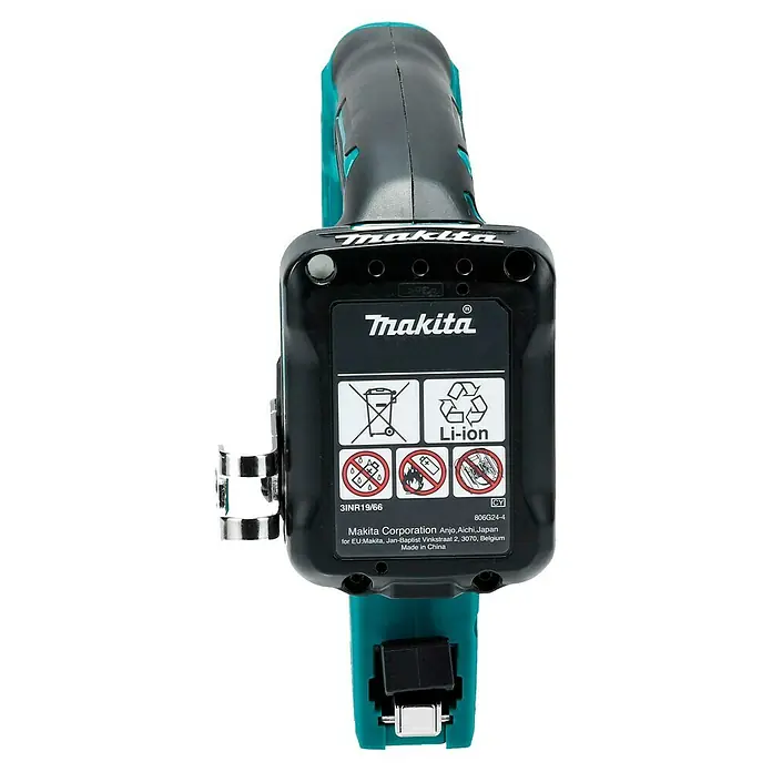 Makita CXT 12V max. Akku-Tacker ST113DSMJ - 12 V, 2 Akkus, 4 Ah - Batteriegehäuse eines Makita Elektrowerkzeugs in Schwarz und Türkis mit Warnhinweisen und Gürtelclip aus Metall.