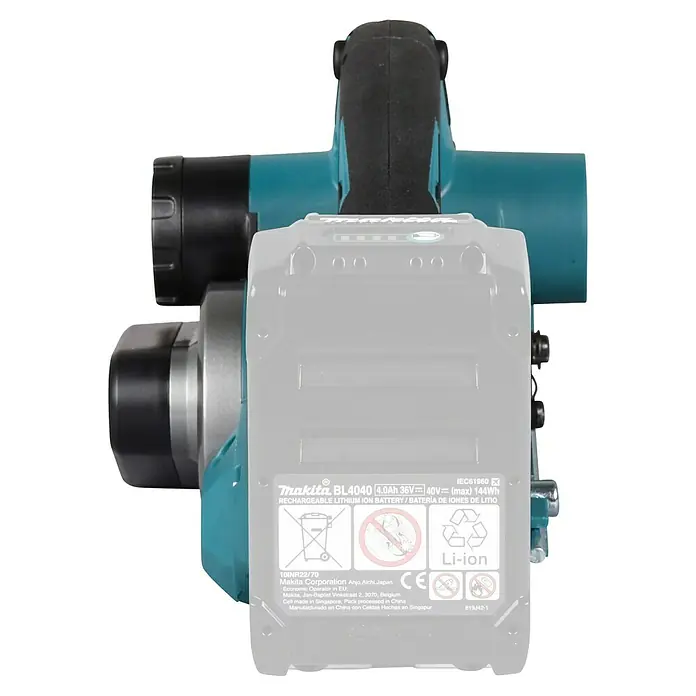 Makita XGT 40V max. Akku-Hobel KP001GZ - 40 V, Ohne Akku, Falztiefe: 0 mm - 25 mm, Leerlaufdrehzahl: 15.000 U/min - Türkis-schwarzes Makita-Elektrowerkzeug mit teilweise sichtbarem, durchscheinendem grauem Makita BL4040 40V Li-Ion-Akku.