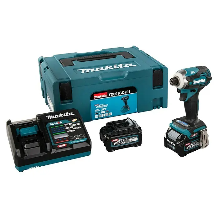 Makita XGT 40V max. Akku-Schlagschrauber TD001GD201 - 40 V, 2 Akkus, 2,5 Ah - Makita XGT 40Vmax Akku-Schlagschrauber-Set in Türkis und Schwarz mit Koffer, Ladegerät und zwei Akkus.