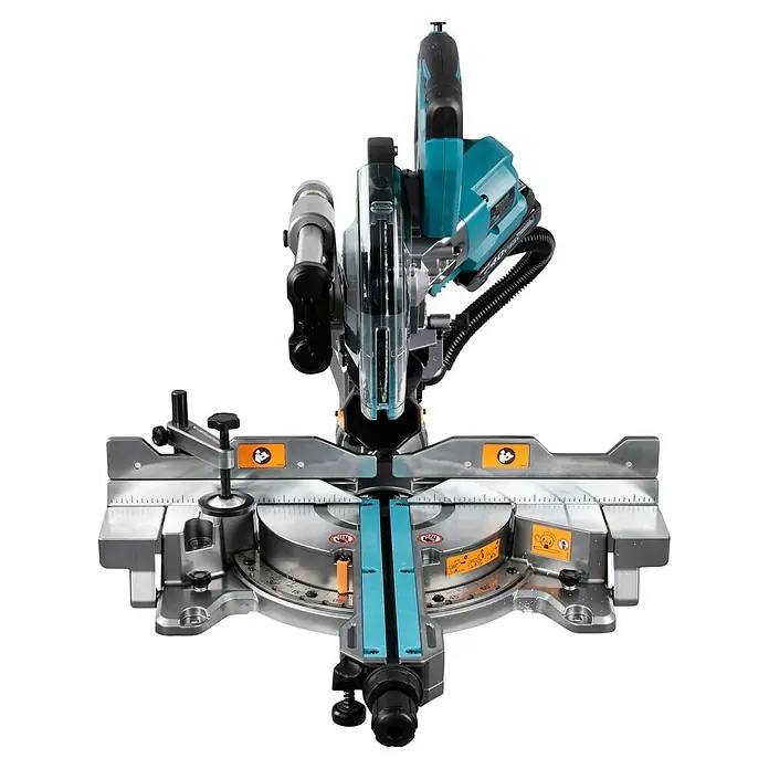 Makita XGT 40V max. Akku-Kapp- & Gehrungssäge LS002GZ01 - 40 V, Ohne Akku, 4.800 U/min - Eine türkise und graue Kappsäge für präzise Winkelschnitte im Holzbau.