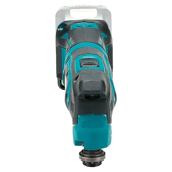 Makita CXT 12V max. Akku-Multifunktionswerkzeug TM30DZ - 12 V, Ohne Akku - Schwarz-türkises Multifunktions-Elektrowerkzeug, von oben gesehen, mit Gehäuse, Bedienelementen und Befestigungsmechanismus.