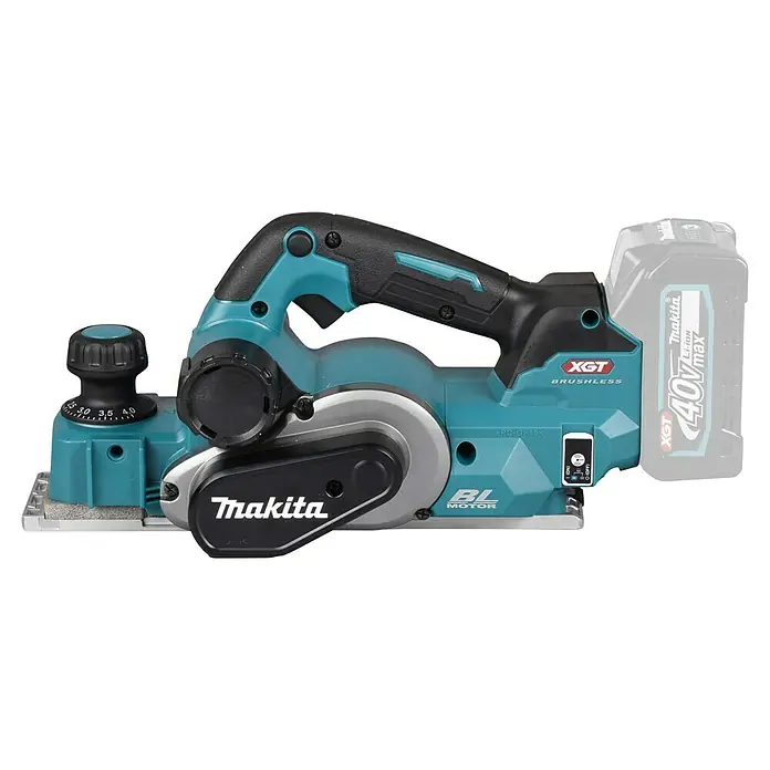 Makita XGT 40V max. Cepillo de batería KP001GZ - 40 V, Sin batería, Profundidad de ranura: 0 mm - 25 mm, Número de revoluciones de marcha en vacío: 15.000 r.p.m. - Cepillo eléctrico inalámbrico Makita turquesa y negro con perilla de ajuste de profundidad y batería 40V XGT.